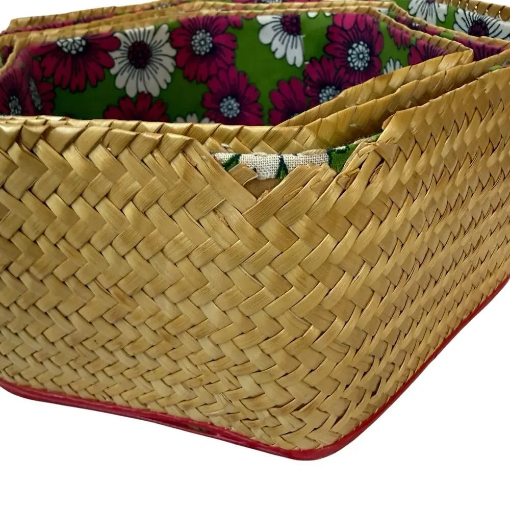 3 Piece Vintage Nesting Baskets With Lids Woven Sewing Storage Sweetgrass